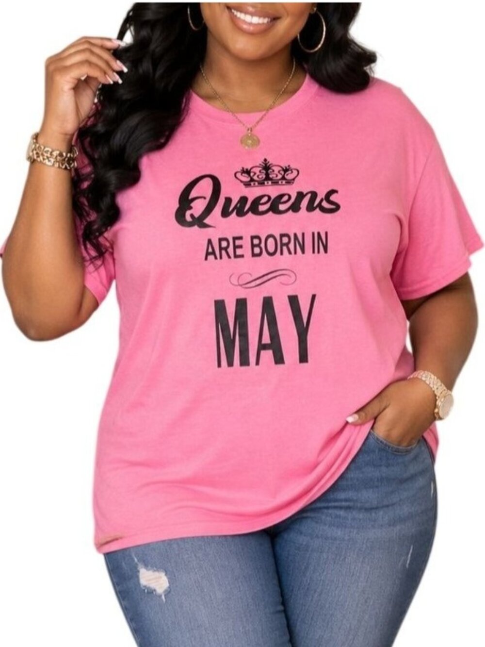 Gildan Size Large Top Pink Graphic T-Shirt "Queens Are Born In May" Cotton Blend